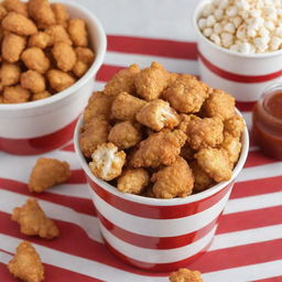 Deliciously golden chicken popcorn pieces served in a red and white striped bucket with a side of tangy barbecue sauce.