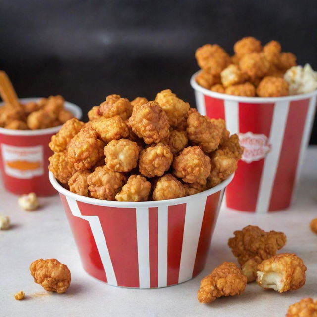 Deliciously golden chicken popcorn pieces served in a red and white striped bucket with a side of tangy barbecue sauce.