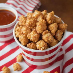 Deliciously golden chicken popcorn pieces served in a red and white striped bucket with a side of tangy barbecue sauce.