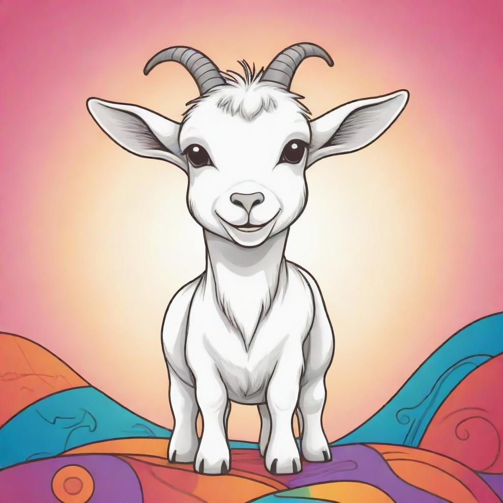 An aesthetic, child-friendly, line art illustration of a playful goat, with vibrant, cartoon-style background colors. The goat is left uncolored, and ready for coloring.