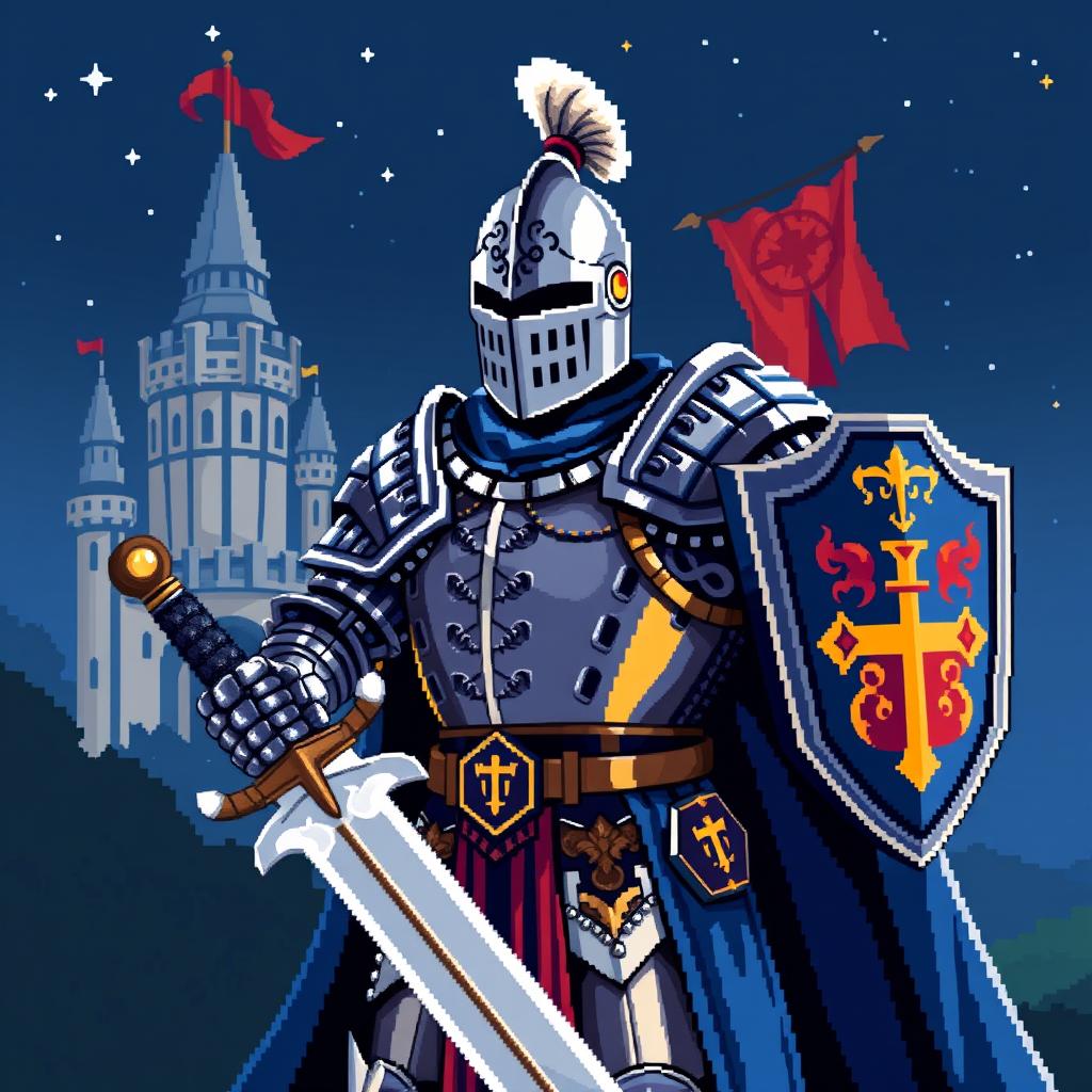 A detailed pixel art representation of a medieval knight in full armor