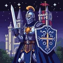 A detailed pixel art representation of a medieval knight in full armor