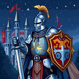 A detailed pixel art representation of a medieval knight in full armor