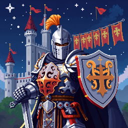 A detailed pixel art representation of a medieval knight in full armor