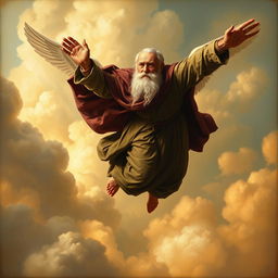 An old man with a cape and a long white beard flying without wings, raising his hand downward, rendered in a Renaissance painting style