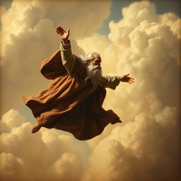 An old man with a cape and a long white beard flying without wings, raising his hand downward, rendered in a Renaissance painting style