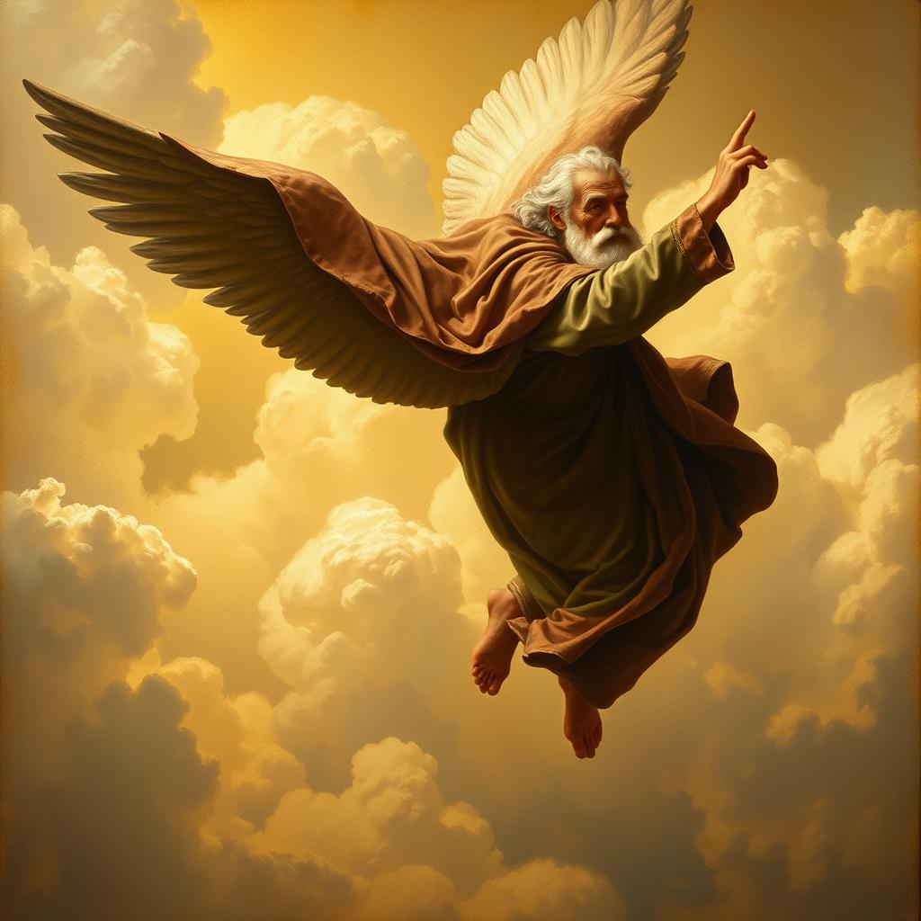 An old man with a cape and a long white beard flying without wings, raising his hand downward, rendered in a Renaissance painting style