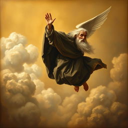 An old man with a cape and a long white beard flying without wings, raising his hand downward, rendered in a Renaissance painting style