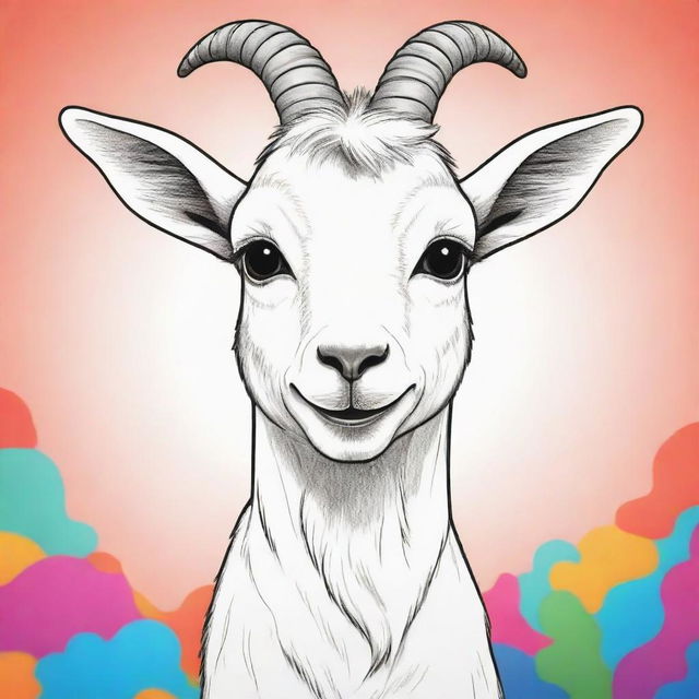 An aesthetic, child-friendly, line art illustration of a playful goat, with vibrant, cartoon-style background colors. The goat is left uncolored, and ready for coloring.