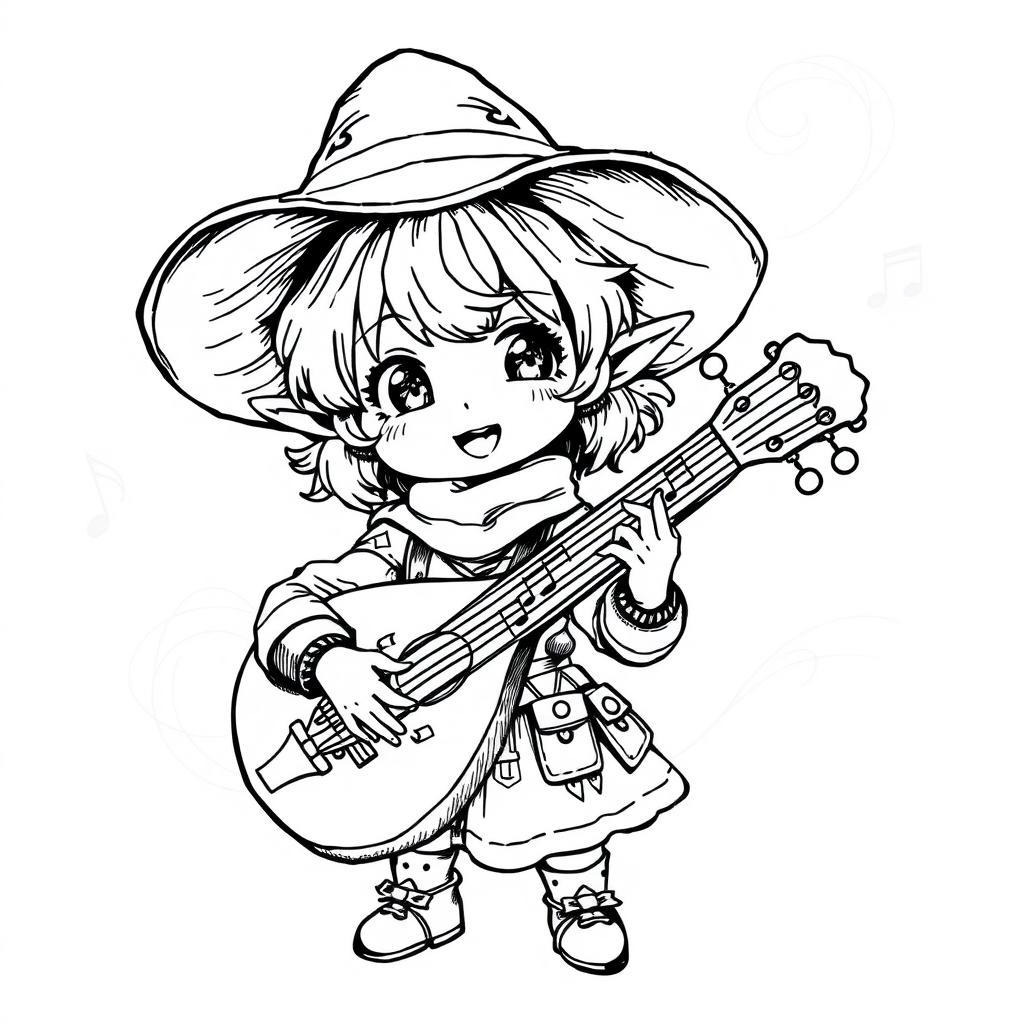 A greyscale ink illustration of a cute halfling bard, featuring a playful expression and oversized floppy hat