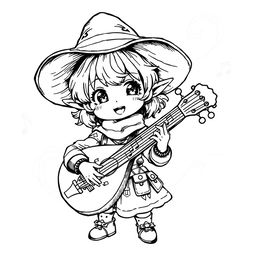 A greyscale ink illustration of a cute halfling bard, featuring a playful expression and oversized floppy hat