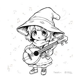 A greyscale ink illustration of a cute halfling bard, featuring a playful expression and oversized floppy hat