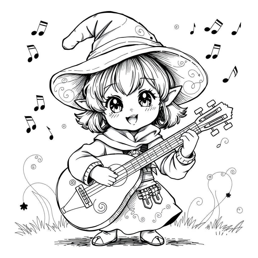 A greyscale ink illustration of a cute halfling bard, featuring a playful expression and oversized floppy hat