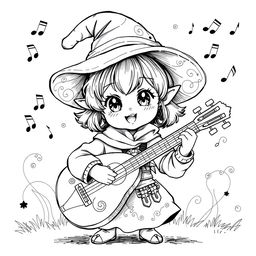 A greyscale ink illustration of a cute halfling bard, featuring a playful expression and oversized floppy hat