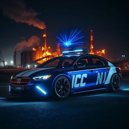 A concept sedan car in indigo blue with a striking white stripe along its length, featuring the inscription 'NIC' in bold white letters prominently displayed