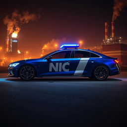 A concept sedan car in indigo blue with a striking white stripe along its length, featuring the inscription 'NIC' in bold white letters prominently displayed