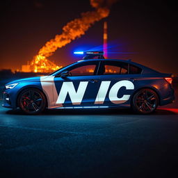 A concept sedan car in indigo blue with a striking white stripe along its length, featuring the inscription 'NIC' in bold white letters prominently displayed