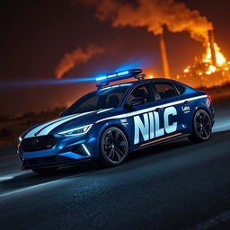 A concept sedan car in indigo blue with a striking white stripe along its length, featuring the inscription 'NIC' in bold white letters prominently displayed