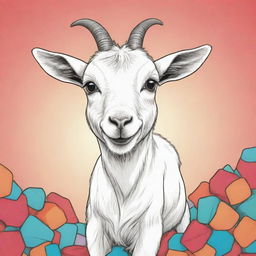 An aesthetic, child-friendly, line art illustration of a playful goat, with vibrant, cartoon-style background colors. The goat is left uncolored, and ready for coloring.