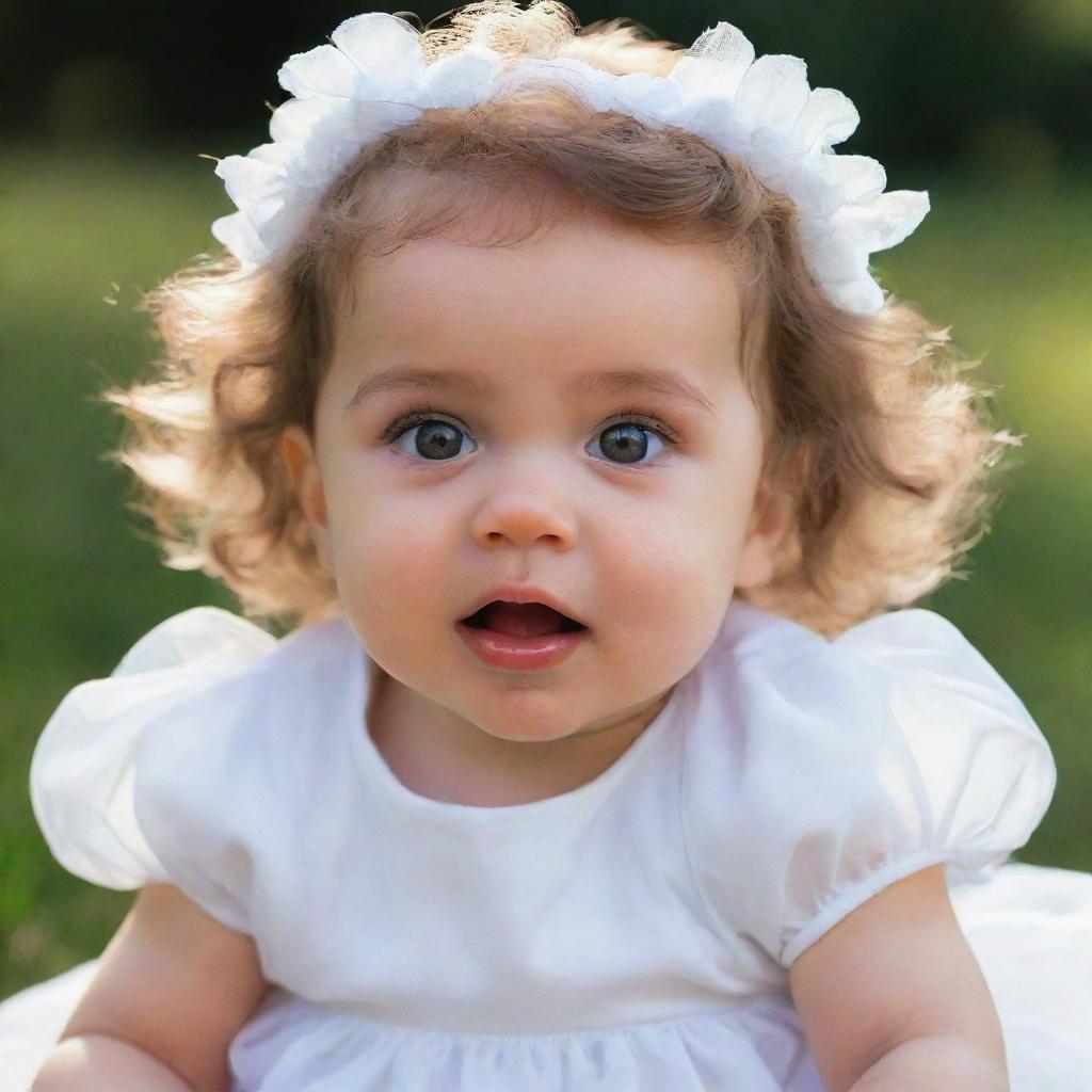 A cherubic baby girl in a beautiful, fluffy white dress, her wide eyes shining with curiosity and happiness.