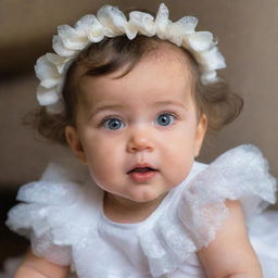 A cherubic baby girl in a beautiful, fluffy white dress, her wide eyes shining with curiosity and happiness.