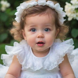 A cherubic baby girl in a beautiful, fluffy white dress, her wide eyes shining with curiosity and happiness.