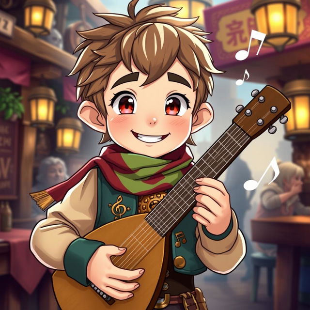 An anime-style illustration of a cute halfling bard male character, featuring bright, charming eyes and a cheerful grin