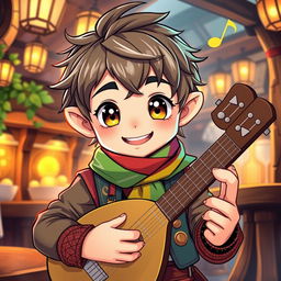 An anime-style illustration of a cute halfling bard male character, featuring bright, charming eyes and a cheerful grin