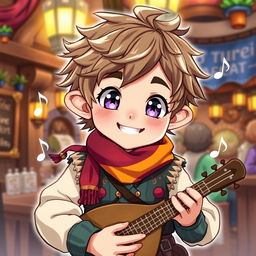 An anime-style illustration of a cute halfling bard male character, featuring bright, charming eyes and a cheerful grin