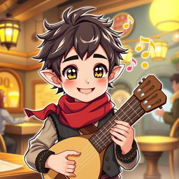 An anime-style illustration of a cute halfling bard male character, featuring bright, charming eyes and a cheerful grin