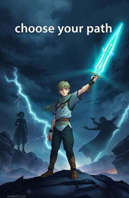 A young man named Zephyr stands confidently, holding the glowing sword "Soul Eater" aloft, its blade radiating a vibrant luminescence that contrasts with the chaos around him