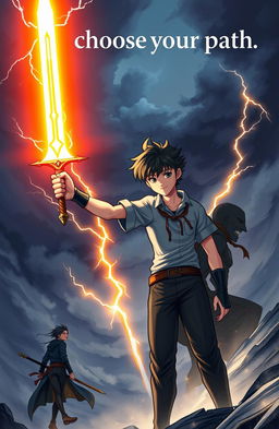 A young man named Zephyr stands confidently, holding the glowing sword "Soul Eater" aloft, its blade radiating a vibrant luminescence that contrasts with the chaos around him