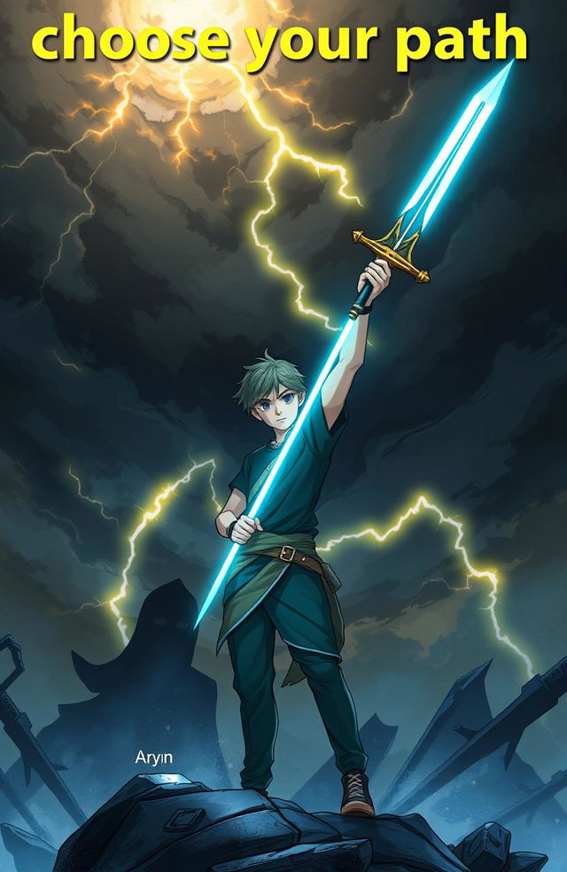 A young man named Zephyr stands confidently, holding the glowing sword "Soul Eater" aloft, its blade radiating a vibrant luminescence that contrasts with the chaos around him