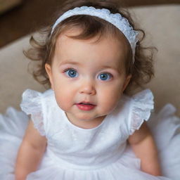 A cherubic baby girl in a beautiful, fluffy white dress, her wide eyes shining with curiosity and happiness.