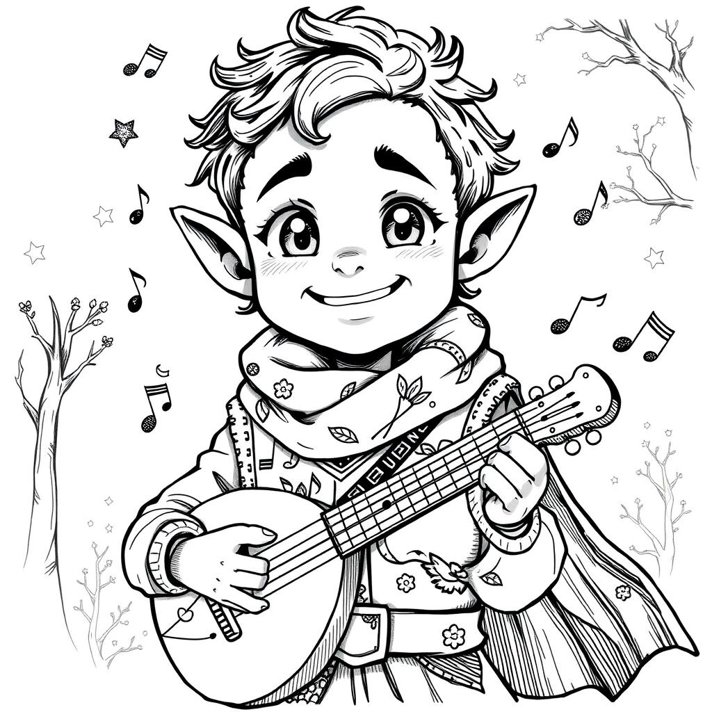 A greyscale ink illustration of a cute male halfling bard with dark skin, featuring a wide-eyed, cheerful expression and a playful grin