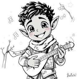 A greyscale ink illustration of a cute male halfling bard with dark skin, featuring a wide-eyed, cheerful expression and a playful grin