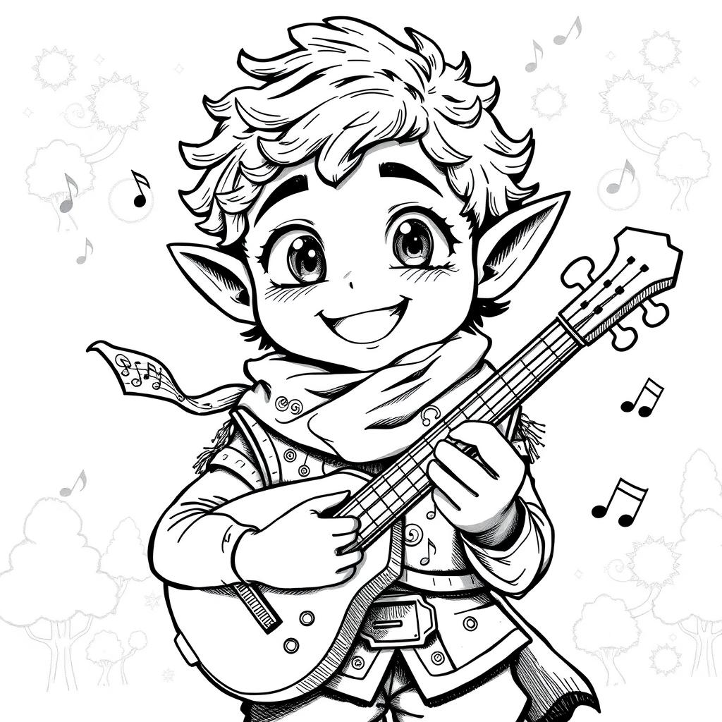 A greyscale ink illustration of a cute male halfling bard with dark skin, featuring a wide-eyed, cheerful expression and a playful grin