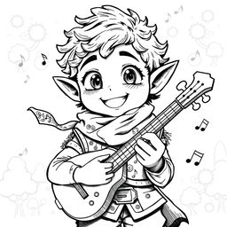 A greyscale ink illustration of a cute male halfling bard with dark skin, featuring a wide-eyed, cheerful expression and a playful grin