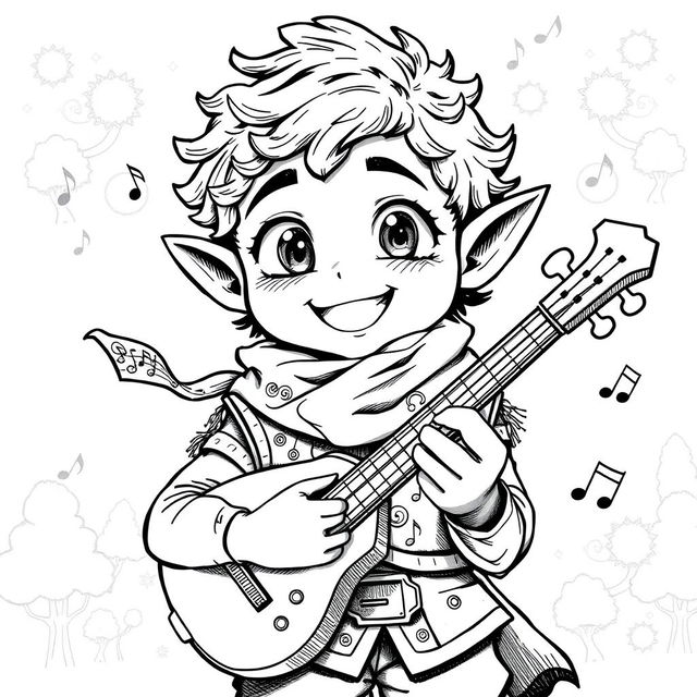 A greyscale ink illustration of a cute male halfling bard with dark skin, featuring a wide-eyed, cheerful expression and a playful grin