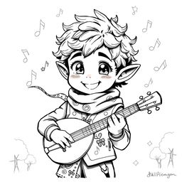 A greyscale ink illustration of a cute male halfling bard with dark skin, featuring a wide-eyed, cheerful expression and a playful grin