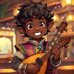 An anime-style illustration of a cute male halfling bard with dark skin