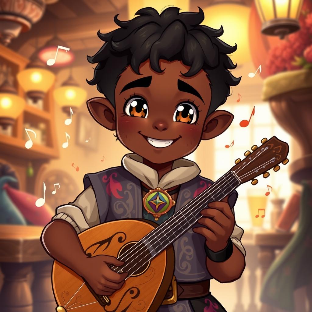 An anime-style illustration of a cute male halfling bard with dark skin