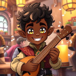 An anime-style illustration of a cute male halfling bard with dark skin