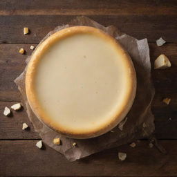 A photorealistic image of a rich and creamy wheel of cheese with a golden yellow color, sprinkled with cracks and well-ripened on a rustic wooden table.