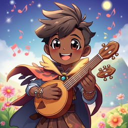 An anime-style illustration of a cute male bard with dark skin, featuring large, expressive eyes and a broad, joyful smile