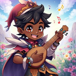 An anime-style illustration of a cute male bard with dark skin, featuring large, expressive eyes and a broad, joyful smile