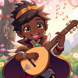 An anime-style illustration of a cute male bard with dark skin, featuring large, expressive eyes and a broad, joyful smile