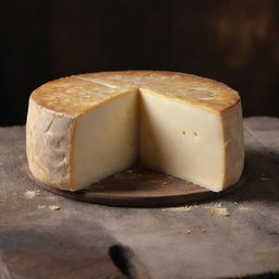 A photorealistic image of a rich and creamy wheel of cheese with a golden yellow color, sprinkled with cracks and well-ripened on a rustic wooden table.