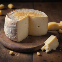 A photorealistic image of a rich and creamy wheel of cheese with a golden yellow color, sprinkled with cracks and well-ripened on a rustic wooden table.