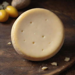 A photorealistic image of a rich and creamy wheel of cheese with a golden yellow color, sprinkled with cracks and well-ripened on a rustic wooden table.